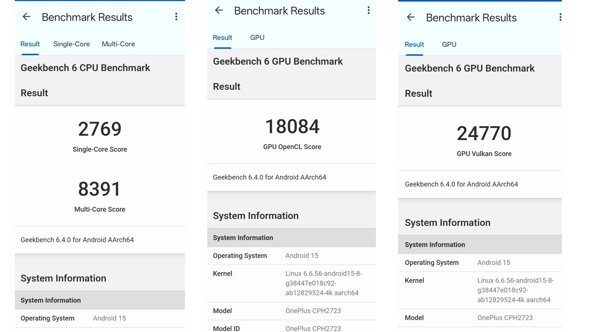 OnePlus 13s Cover Photos Selected CPU and GPU performance on Geekbench 6.0 app.
