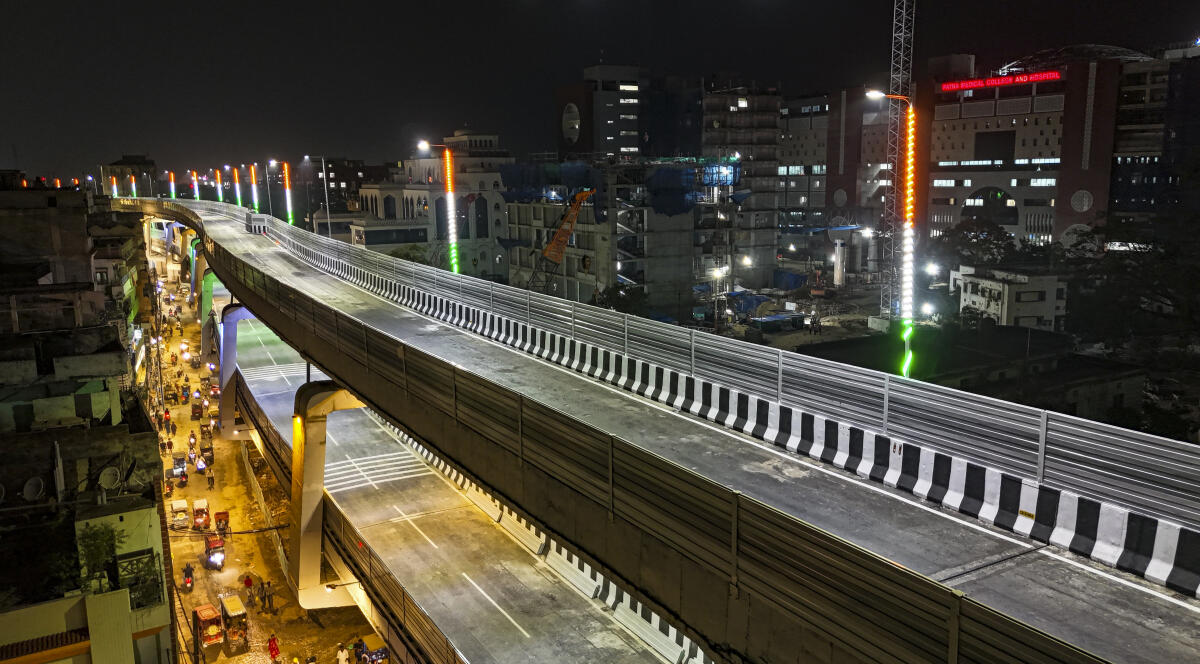 Patna's first double-decker flyover illuminated ahead of its inauguration by Bihar Chief Minister Nitish Kumar, in Patna, Monday, June 9, 2025.