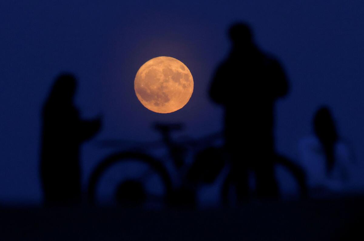 People watch the full moon known as the Strawberry Moon rise, as seen from Hampstead Heath, in London, Britain, June 10, 2025.