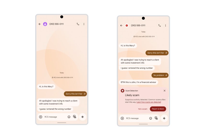 Scam alerts on Messages app for Android phones.
