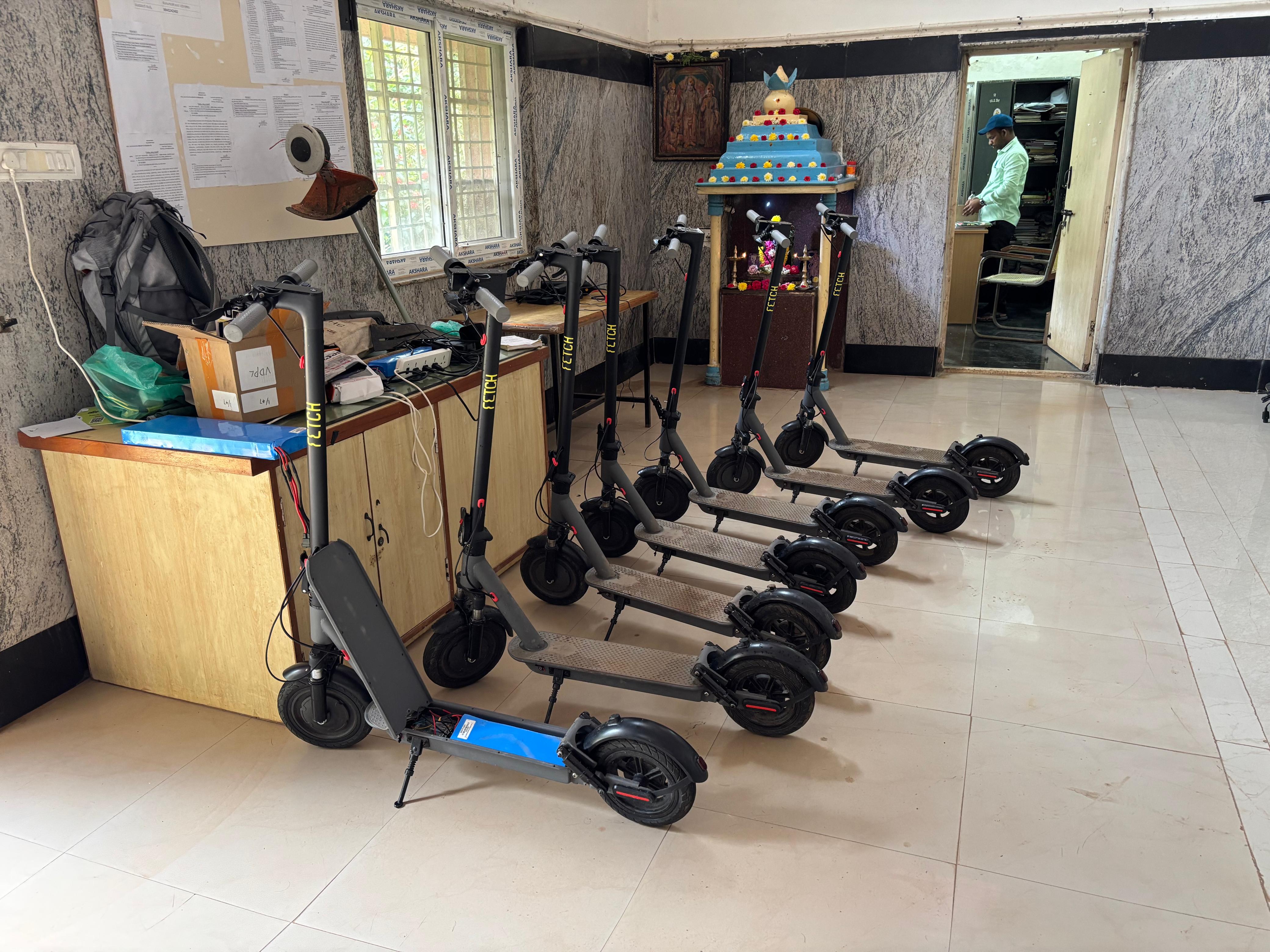 The electric scooters being charged at the Horticulture Department Lalbagh. 