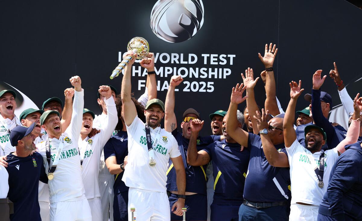 South Africa's Aiden Markram lifts the ICC Test Championship Mace