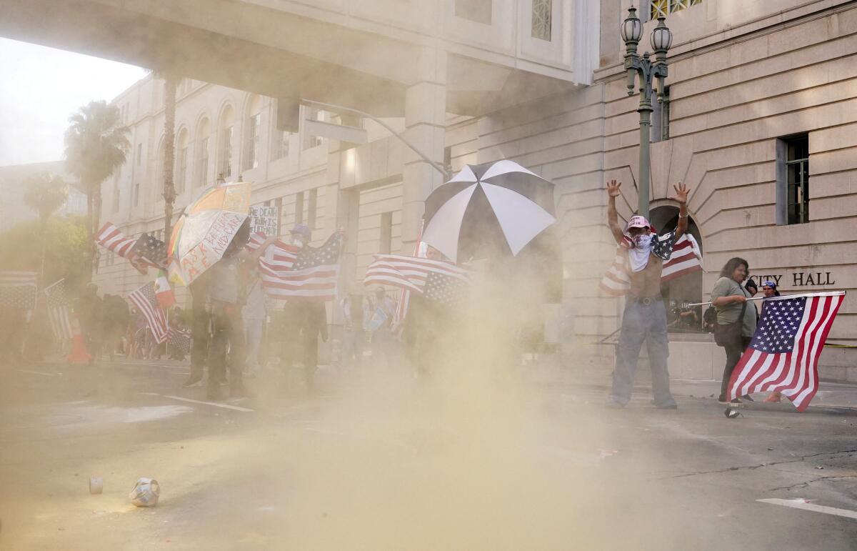 Demonstrators hold USflags and signs amid tear gas during a protest against US President Donald Trump's policies and federal immigration sweeps during a No Kings Day demonstration in Los Angeles, California, US, June 14, 2025. 
