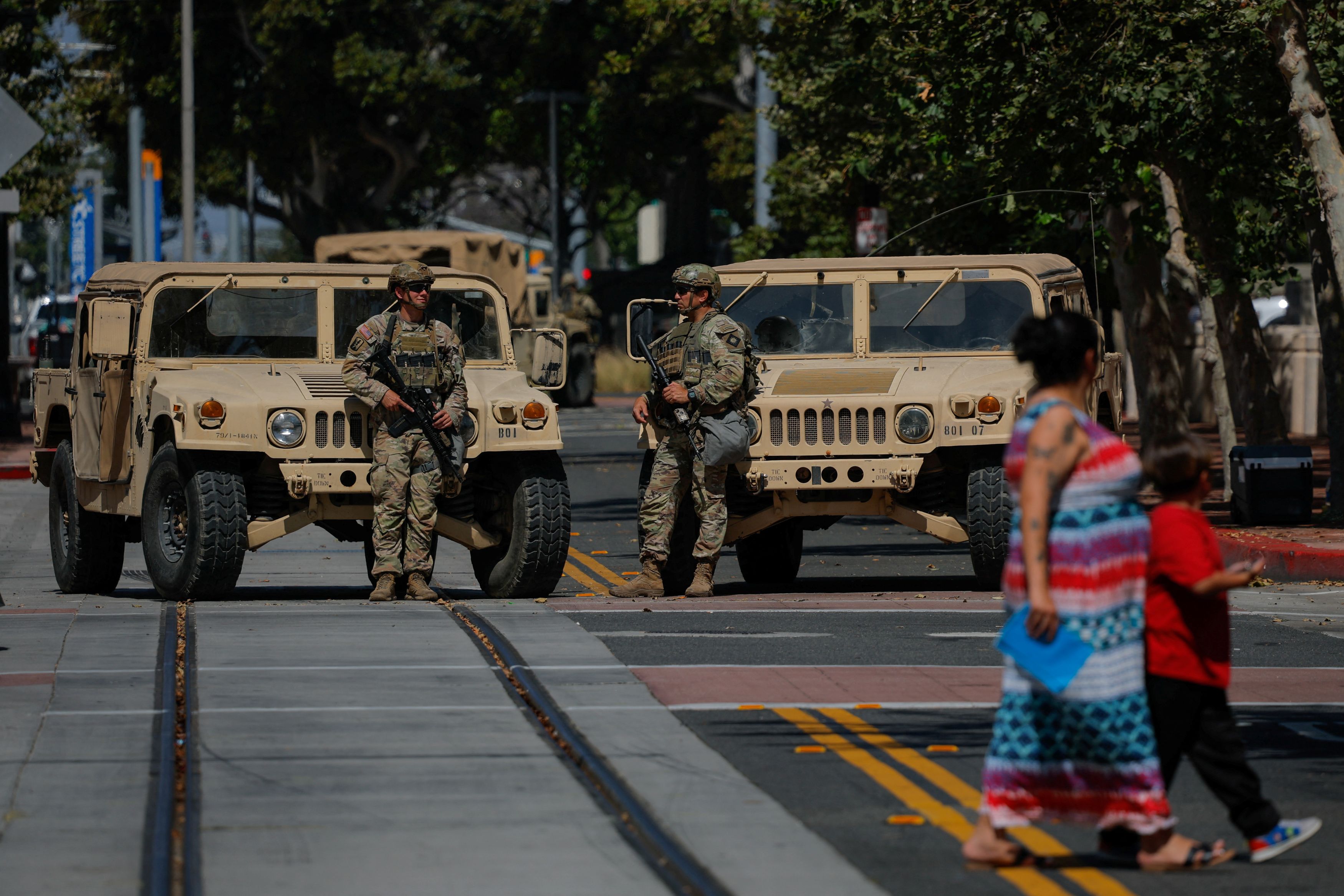 Members of the California National Guard are deployed outside a complex of federal buildings in Santa Ana, California, U.S. June, 18, 2025.