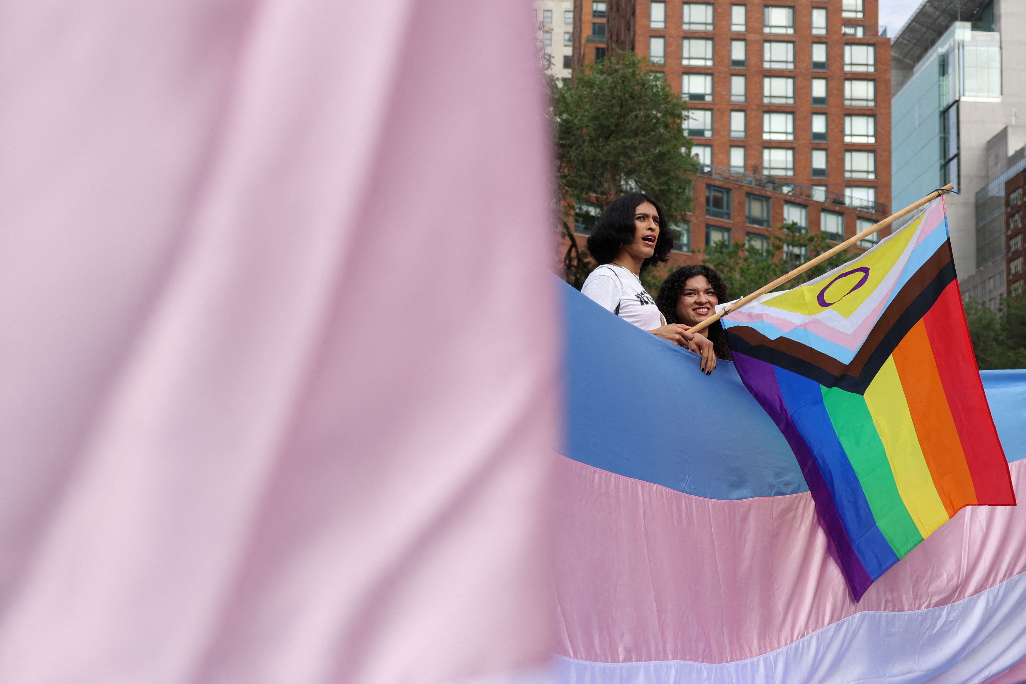 People gather in Union Square after the U.S. Supreme Court upheld a Tennessee law banning some medical care for transgender youths in New York City, U.S., June 18, 2025.