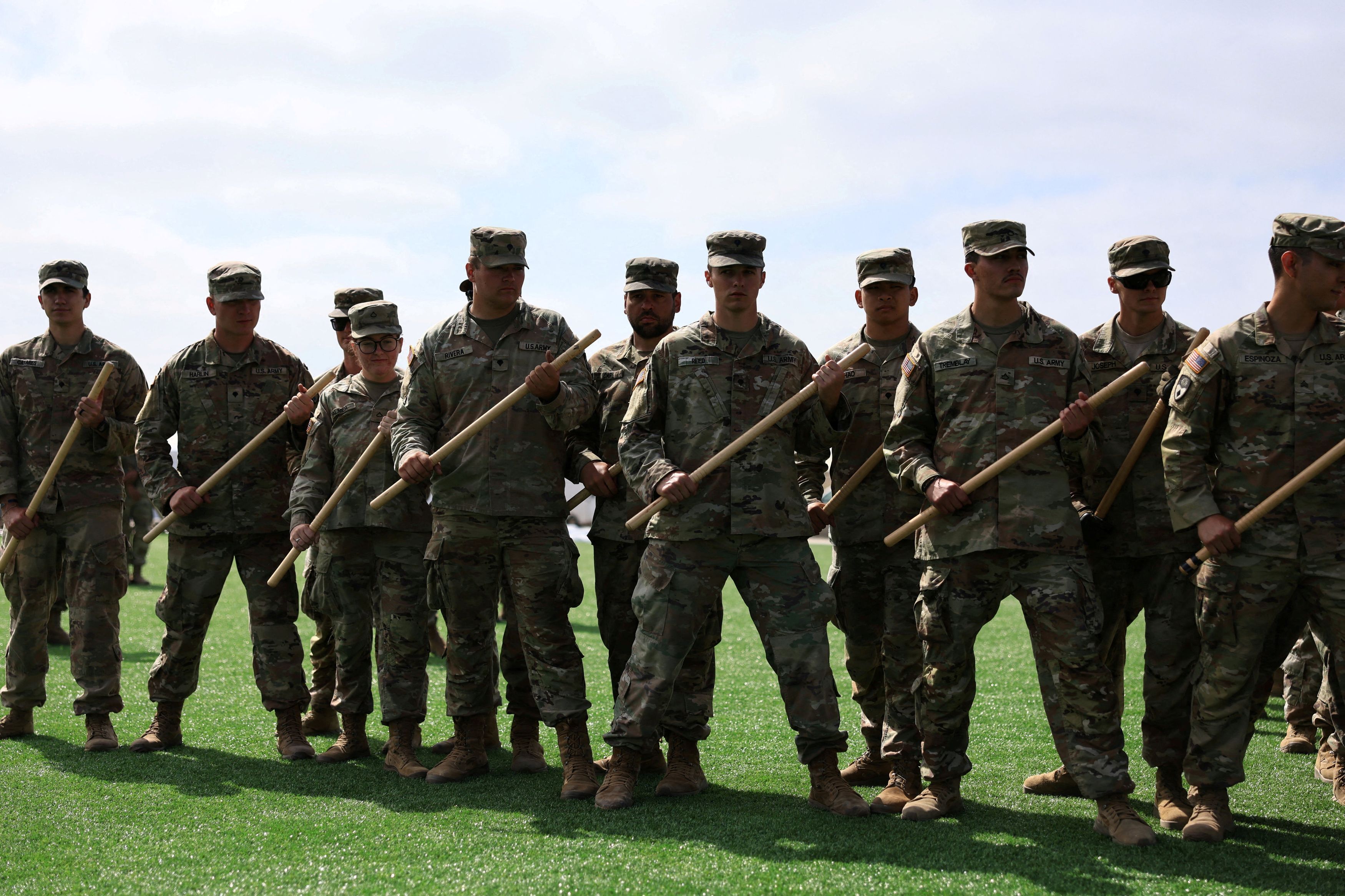 Members of the U.S. National Guard train for crowd control with batons, as improvements of living conditions for about 4,000 members of the U.S. National Guard take place, at Joint Forces Training Base in Los Alamitos, California, U.S. June 19, 2025.
