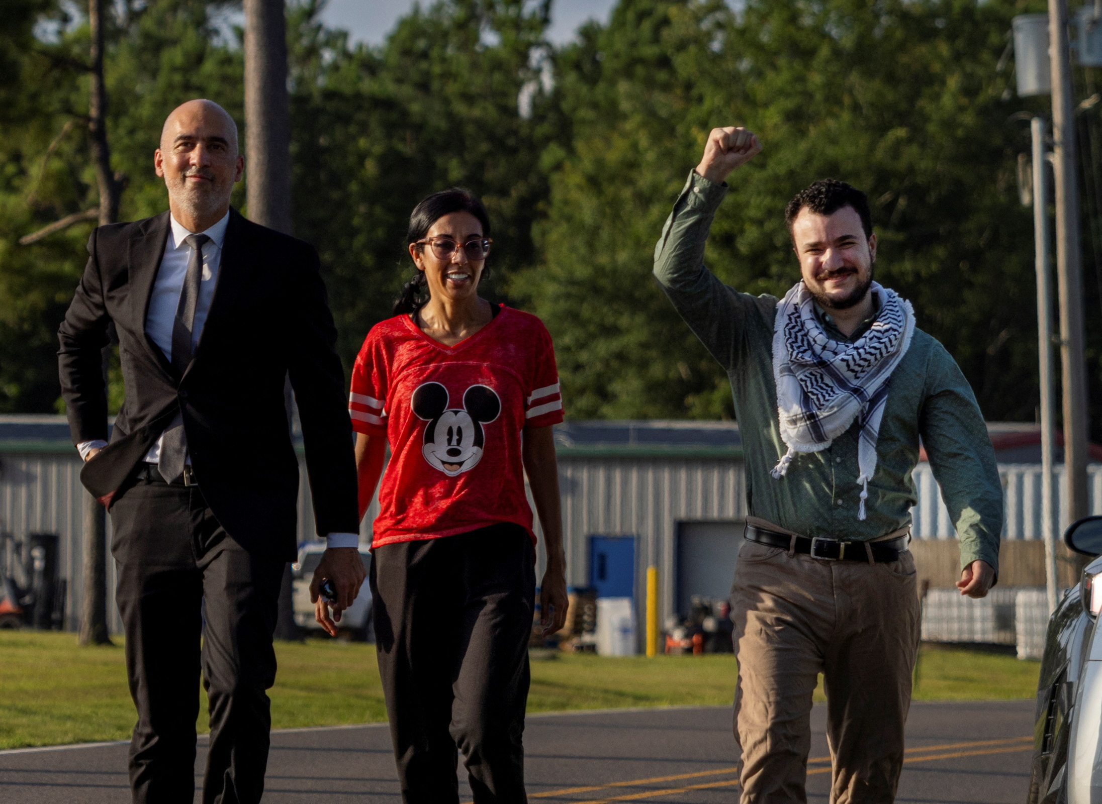 Columbia University graduate student Mahmoud Khalil gestures as he is released from immigration custody in Jena, Louisiana, U.S. June 20, 2025.