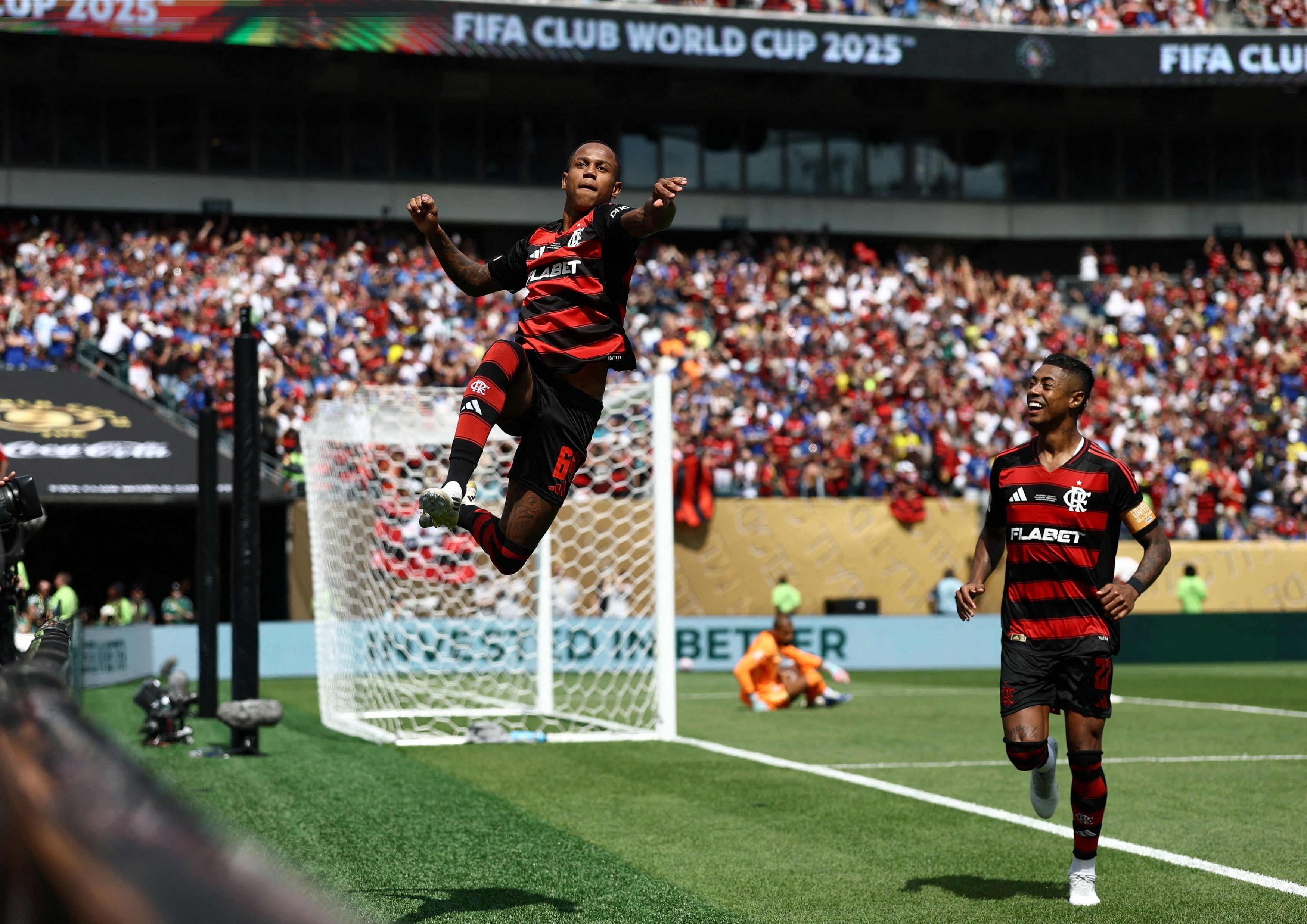 Flamengo's Wallace Yan celebrates scoring their third goal against Chelsea with Bruno Henrique, June 20, 2025.