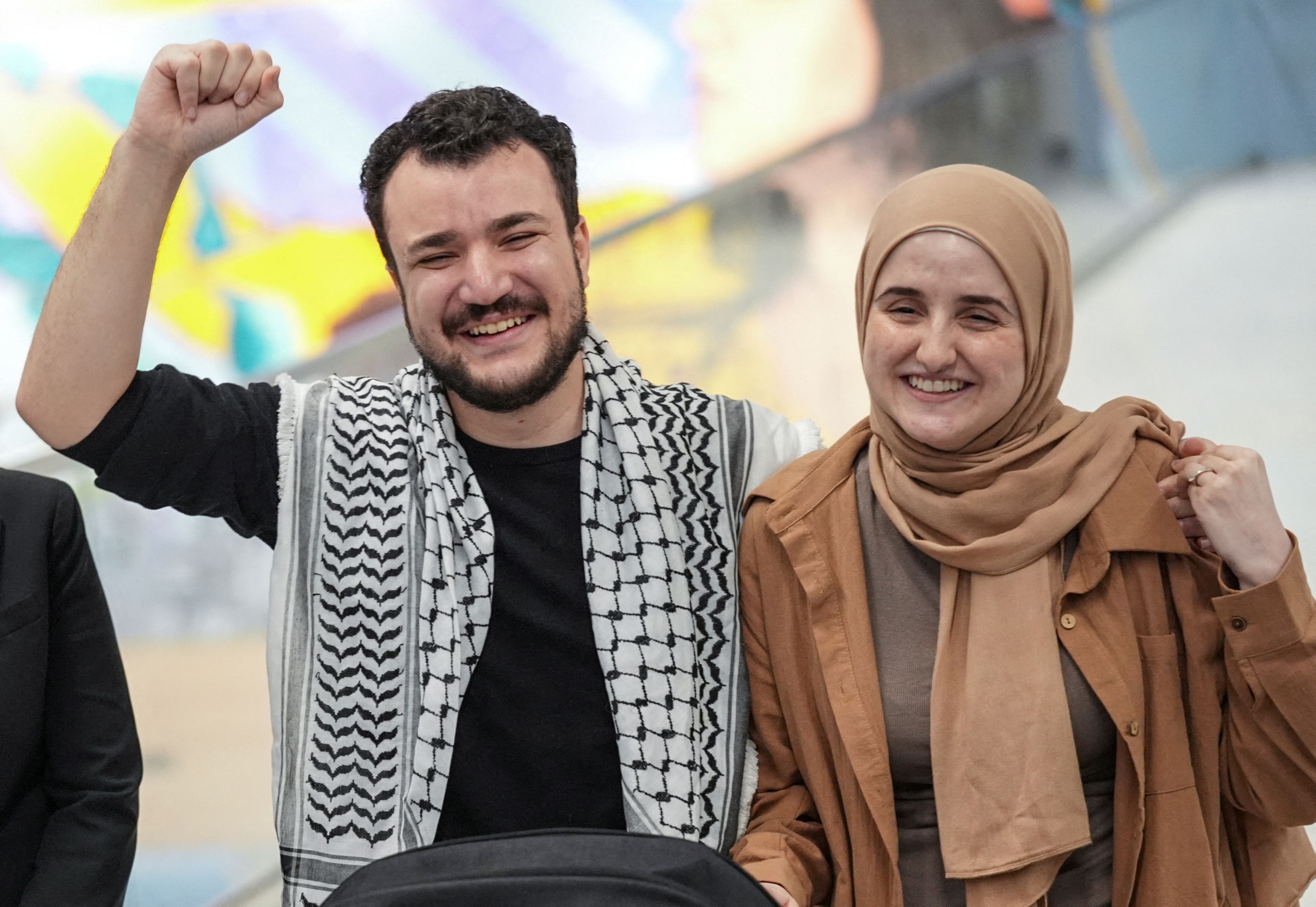 Columbia University graduate student Mahmoud Khalil and his wife Dr. Noor Abdalla react at Newark airport, a day after being released from immigration custody, in Newark, New Jersey, U.S., June 21, 2025.