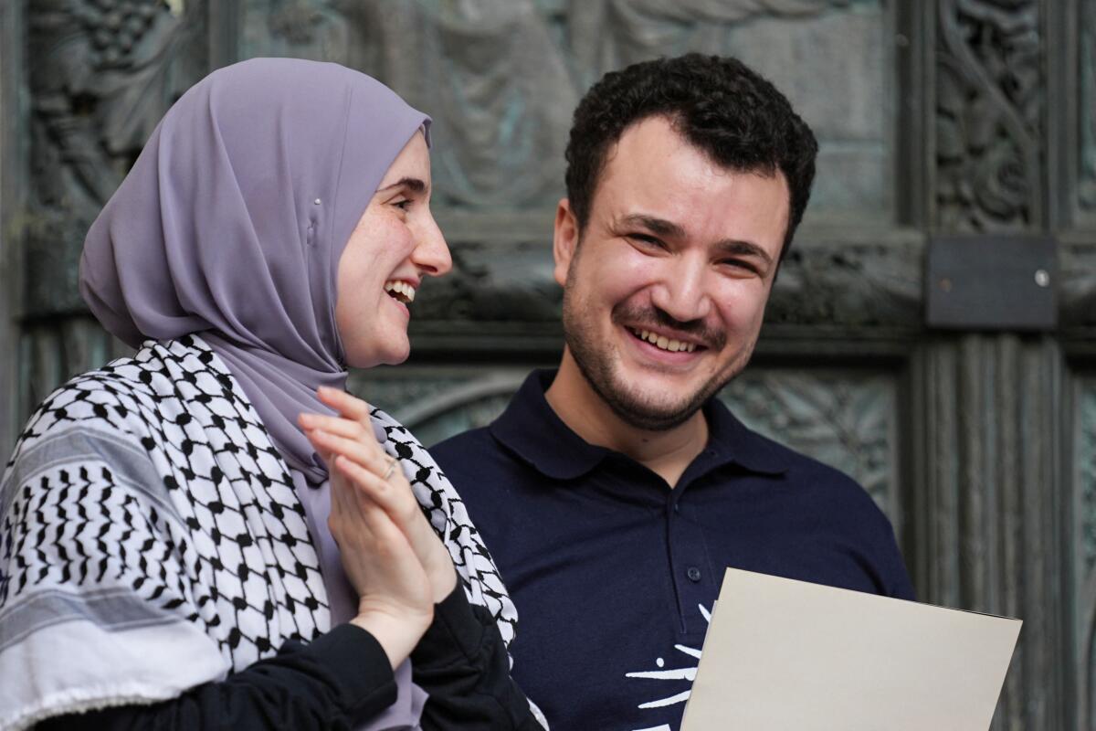 Welcome rally for Columbia University graduate student Mahmoud Khalil, in New York City