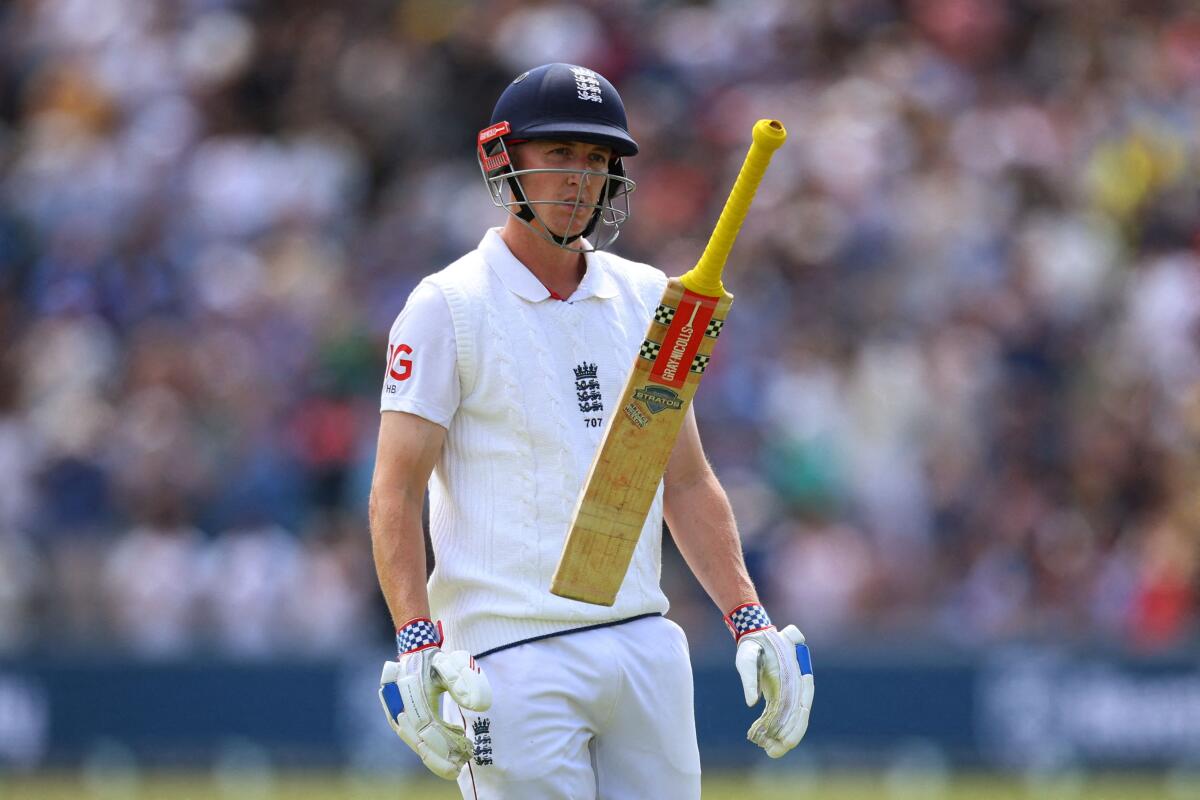 England's Harry Brook reacts after getting dismissed, caught by India's Shardul Thakur off the bowling of Prasidh Krishna