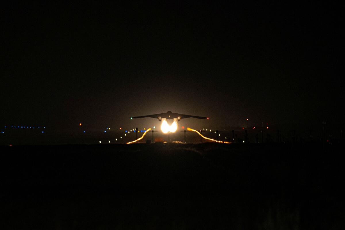 A U.S. Air Force B-2 Spirit stealth bomber takes off during Operation Midnight Hammer