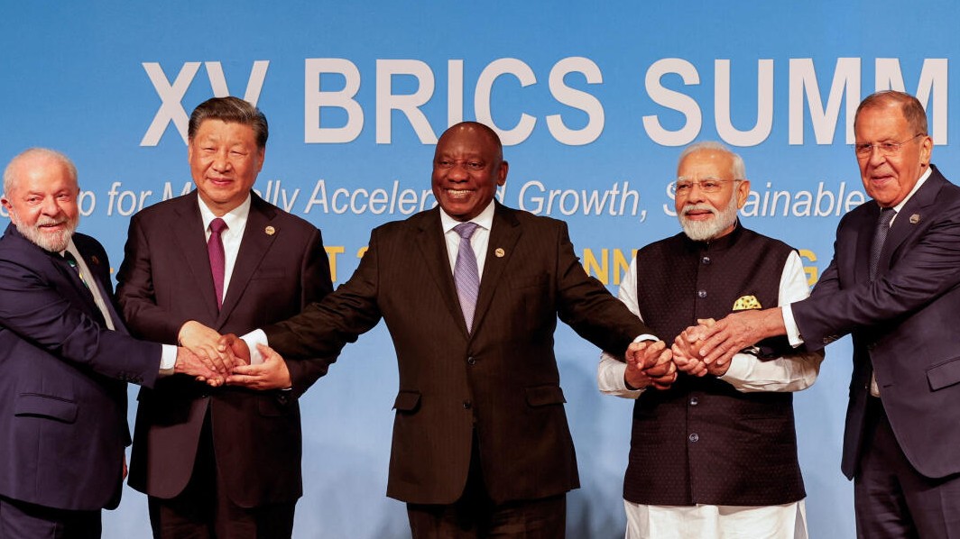 File photo of Brazil's Lula da Silva, China's Xi Jinping, South Africa's Cyril Ramaphosa, Russian Foreign Minister Sergei Lavrov and Indian PM Narendra Modi during the 2023 BRICS Summit in Johannesburg