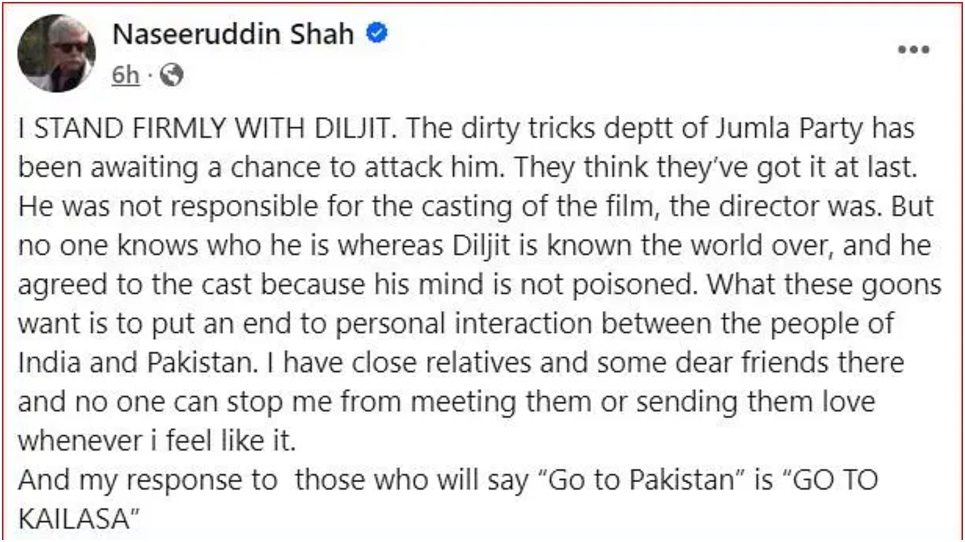 Screenshot of the Facebook post Naseeruddin Shah deleted.