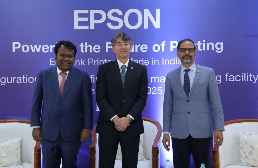[From Left to right] Mookan Muthu Sivan, founder and managing director, RIKUN with Junkichi Yoshida (centre), Global President of Seiko Epson Corporation, and Samba Moorthy, President of Epson India