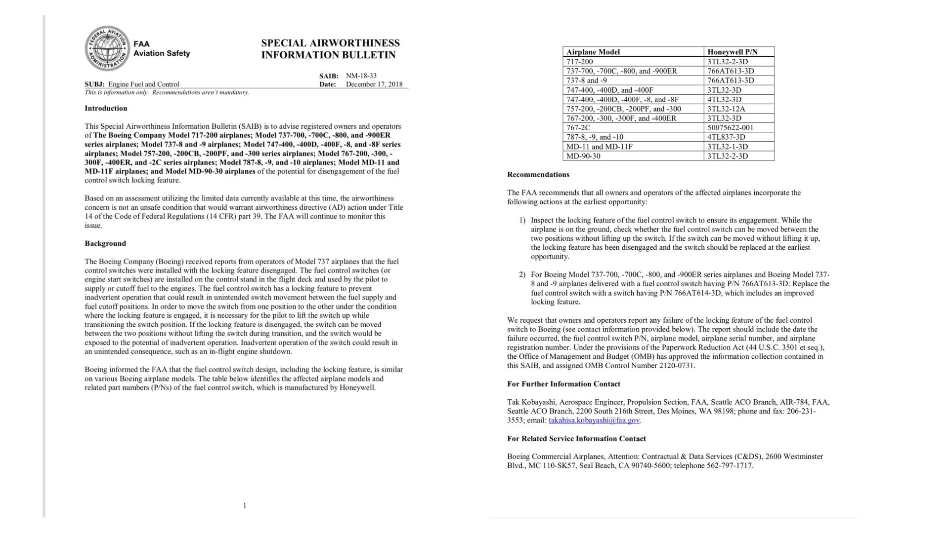 Screenshot of FAA advisory dated December 17, 2018