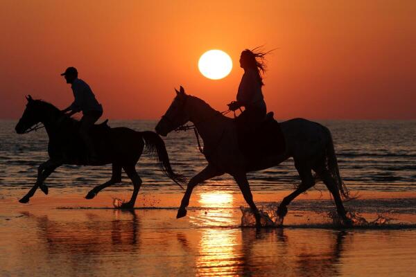 People ride horses on a beach during sunset as temperatures rise near Durres, Albani.