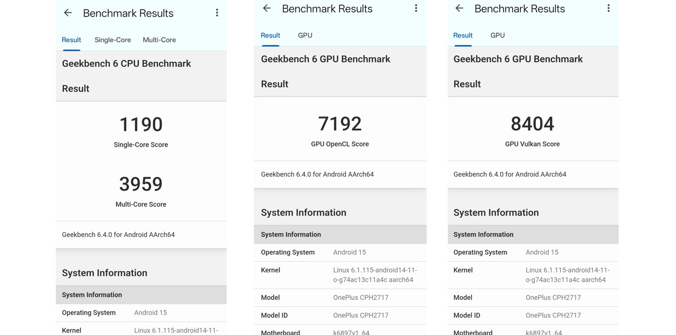 OnePlus Nord CE 5's CPU and GPU performance benchmark score on Geekbench 6.