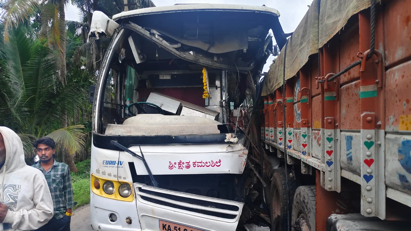 Two killed, 13 injured as private bus rams into a lorry near Shivamogga in Karnataka