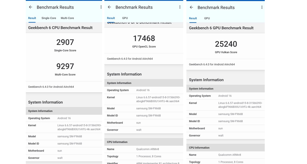 Samsung Galaxy Z Fold7's CPU and GPU performance score on Geekbench 6.0.
