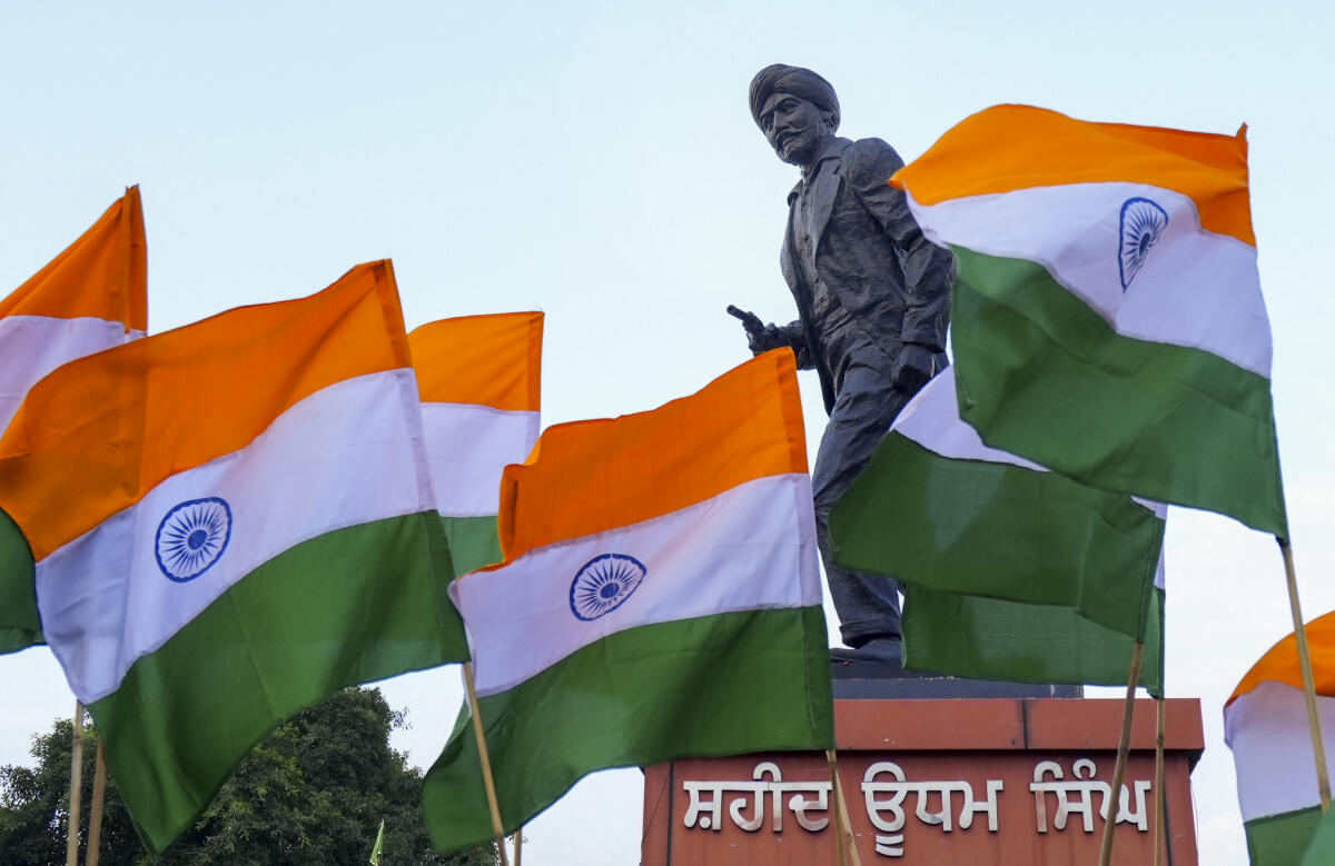 A statue of Shaheed Udham Singh, a Sikh revolutionary who avenged the Jallianwala Bagh massacre, on the eve of his martyrdom day, in Amritsar, July 30, 2025.
