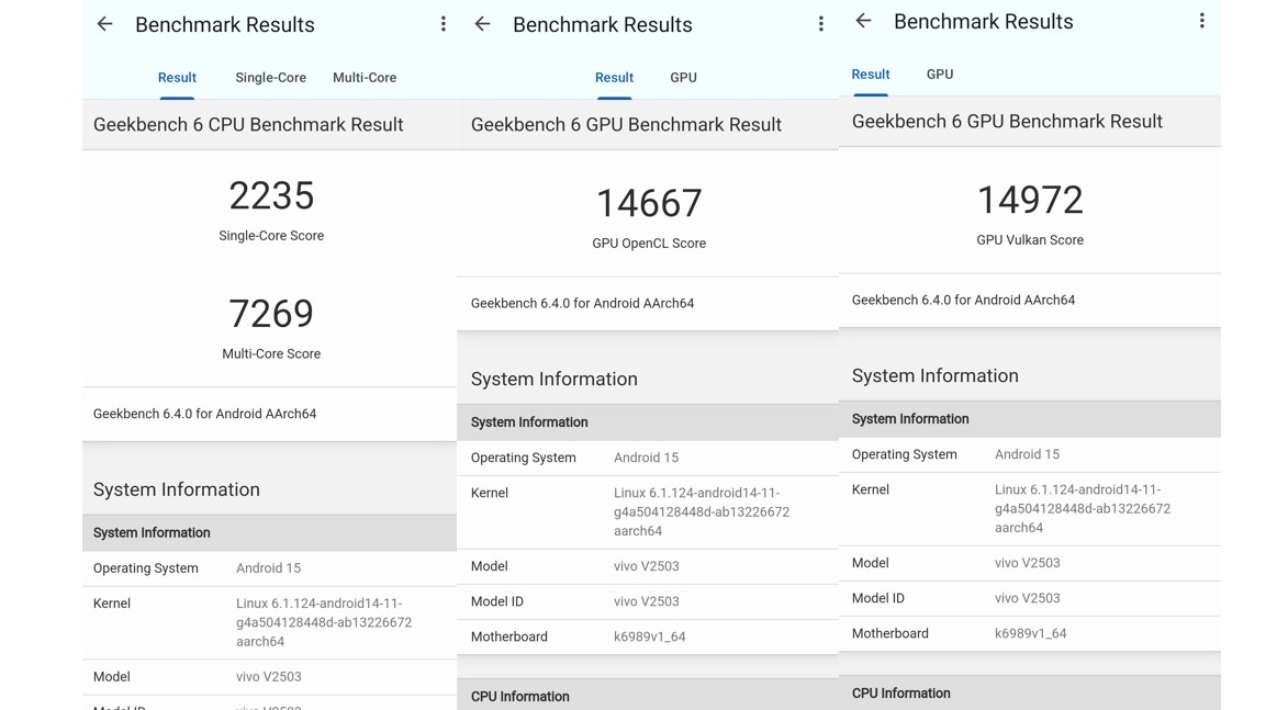 Vivo X200 FE's CPU and GPU performance score on Geekbench 6.0.