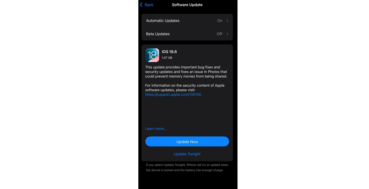 Apple iOS 18.6 update.