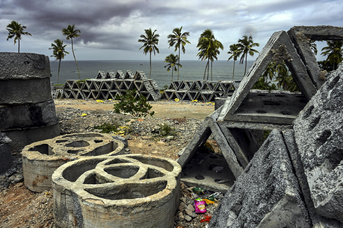 Artificial reefs in different shapes ready to be deployed in the sea, kept at Vizhinjam coast, in Thiruvananthapuram , Thursday, July 31, 2025. The artificial reef project is meant to boost fish resources and promote sustainable management.