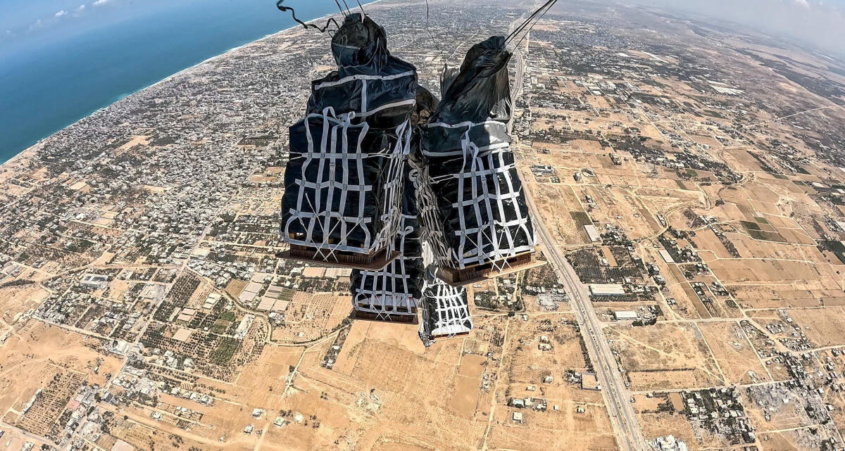 Humanitarian aid is dropped over the Gaza Strip from a Belgian aircraft, obtained by Reuters August 3, 2025.
