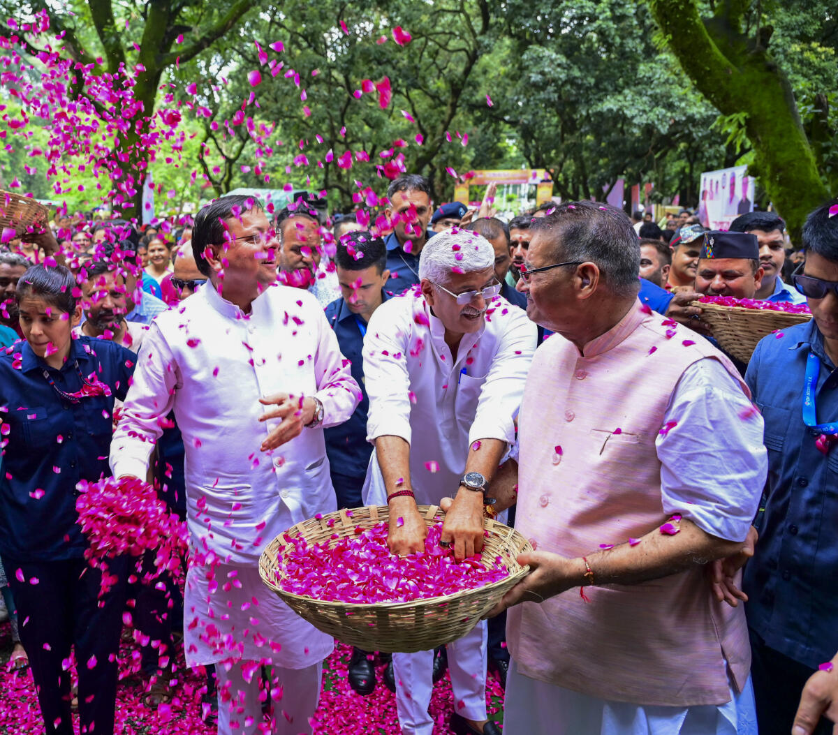 Uttarakhand Chief Minister Pushkar Singh Dhami during a Raksha Bandhan celebration event, in Dehradun, Sunday, Aug. 3, 2025.