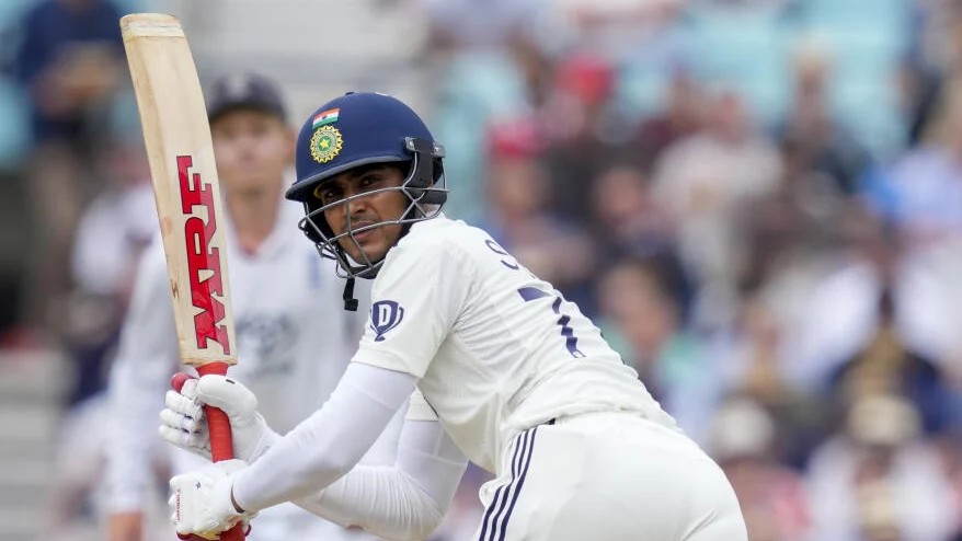 Batter Shubman Gill plays a shot during the third day of the fifth Test match between India and England, at The Oval cricket ground, in London, England.