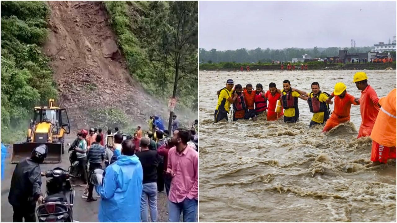 Landslide due to heavy rains in Uttarakhand(L), Stranded people being rescued after the water level of a river increased during the monsoon season