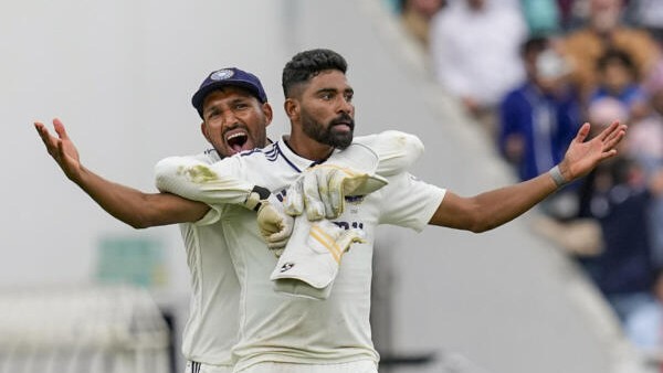 London: India's Mohammed Siraj and Dhruv Jurel celebrate following the team's victory in the fifth Test match against England, at The Oval cricket ground, in London, England, Monday, Aug. 4, 2025. The series ended in a 2-2 draw.
