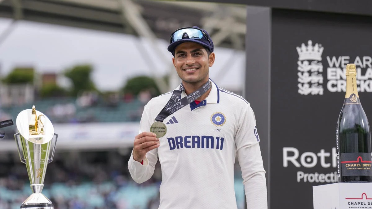 captain Shubman Gill poses after being declared the 'Indian player of the series' following India's win in the fifth Test match against England, at The Oval cricket ground, in London.