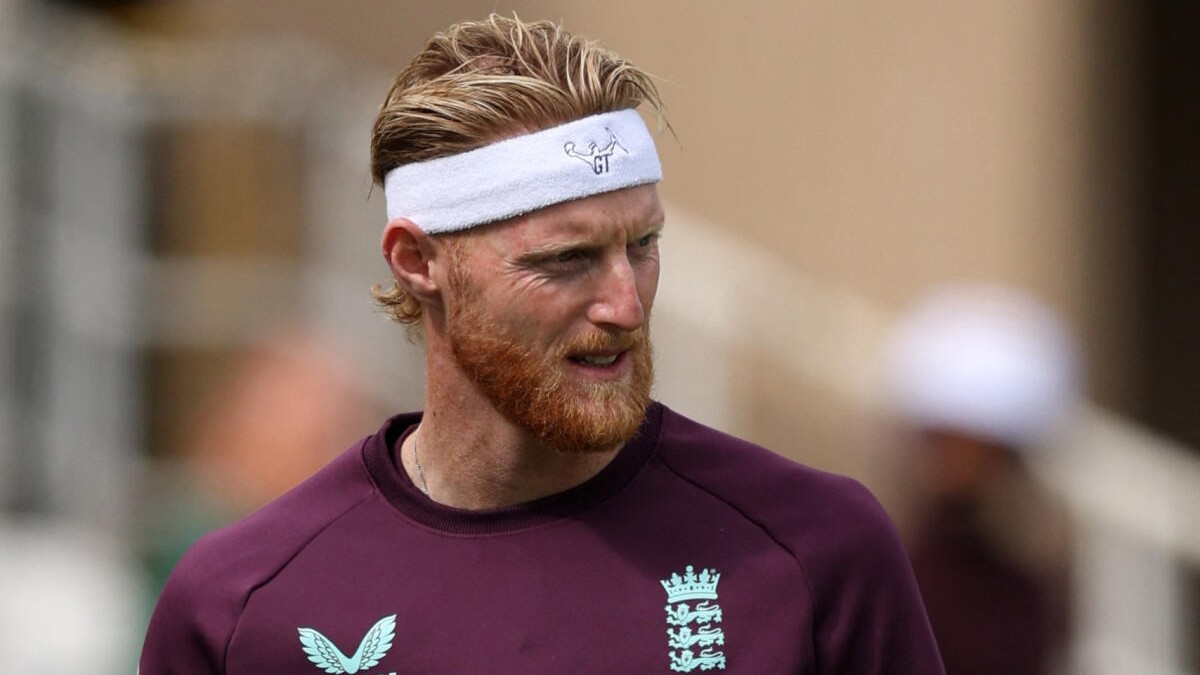 England's Ben Stokes is seen wearing a white headband to honour former England cricketer Graham Thorpe for 'A Day for Thorpey' in support of Mind charity during the warm up ahead of the day's play.
