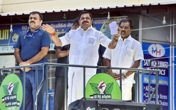 AIADMK general secretary Edappadi K. Palaniswami addresses a public rally, in Tenkasi, Tamil Nadu.
