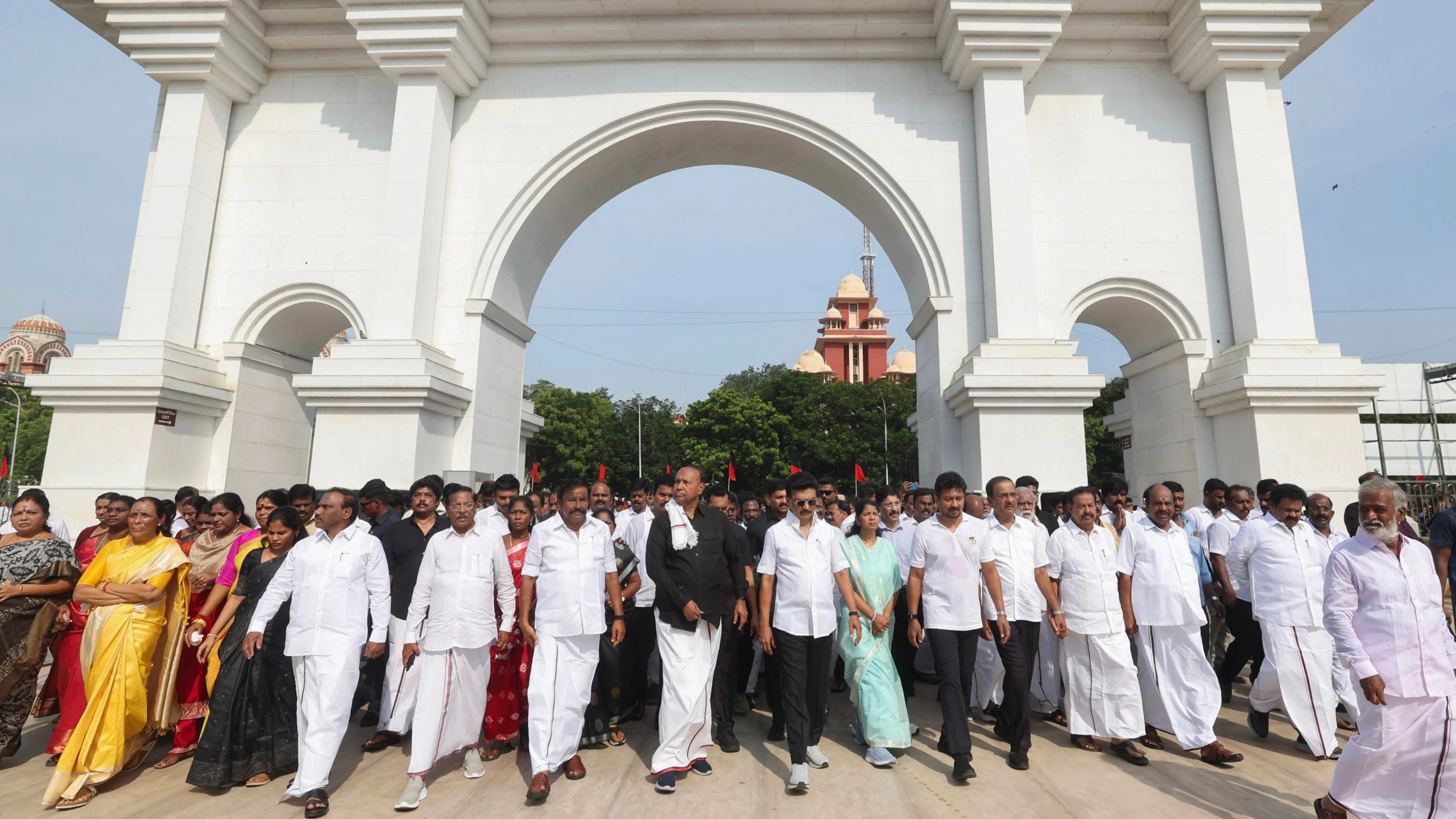 Karunanidhi’s Death Anniversary: Tamil Nadu CM Stalin, Udhayanidhi lead silent march in Chennai