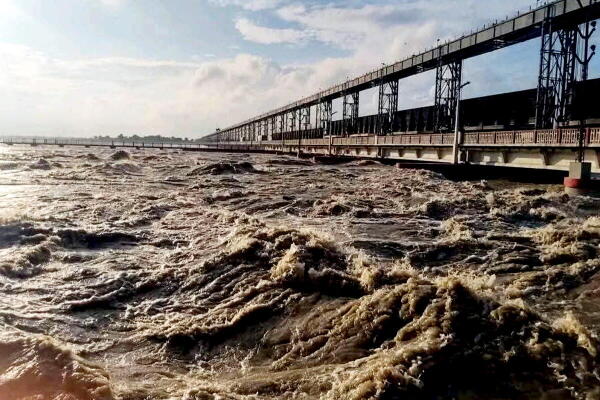 Flood gates of Koshi Barrage opened after the water level of the Saptakoshi River rose significantly following heavy rainfall, in Supaul district of Bihar.