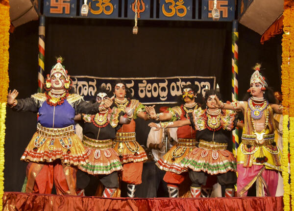 Artistes of Yakshagana Abhyasa Kendra UAE perform during an event at the of Shri Kateelu Durgaparameshwari Temple, in Mangaluru, Karnataka.