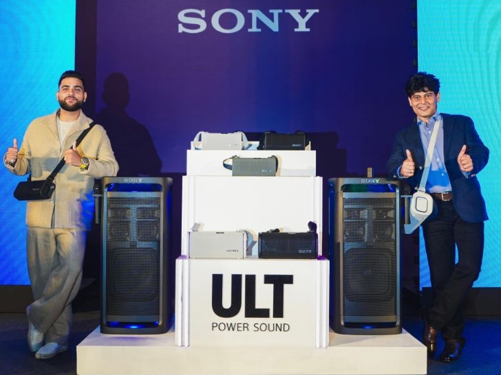 Karan Aujla and Sunil Nayyar, MD, Sony India with the newly launched 2025 series ULT speakers.
