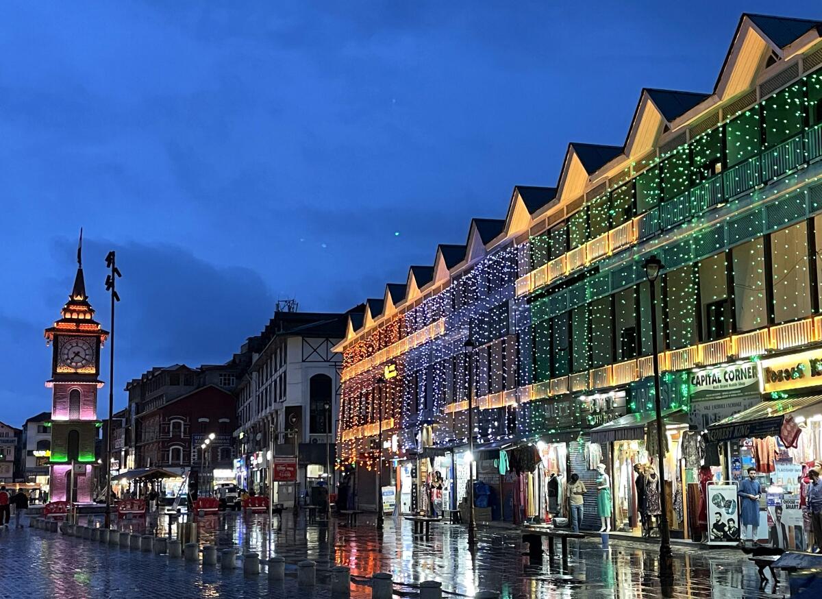 Illuminated clock tower on I-Day eve in Srinagar