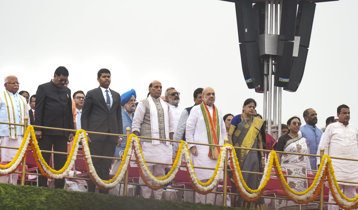 Defence Minister Rajnath Singh, Union Home Minister Amit Shah, and Union Ministers Nitin Gadkari, Giriraj Singh, Hardeep Singh Puri, Manohar Lal and others during the 79th Independence Day celebration at the Red Fort