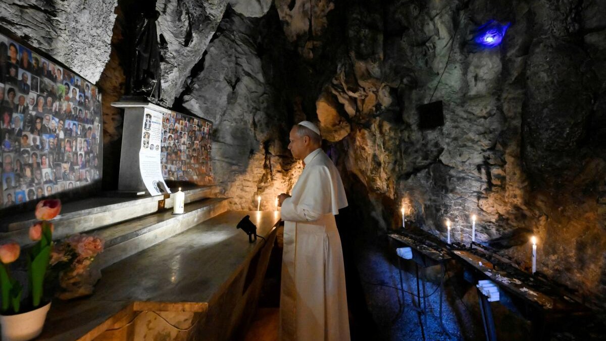 Pope Leo looks on during his visit to the Santuario Madonna della Mentorella, in Capranica Prenestina, Italy.