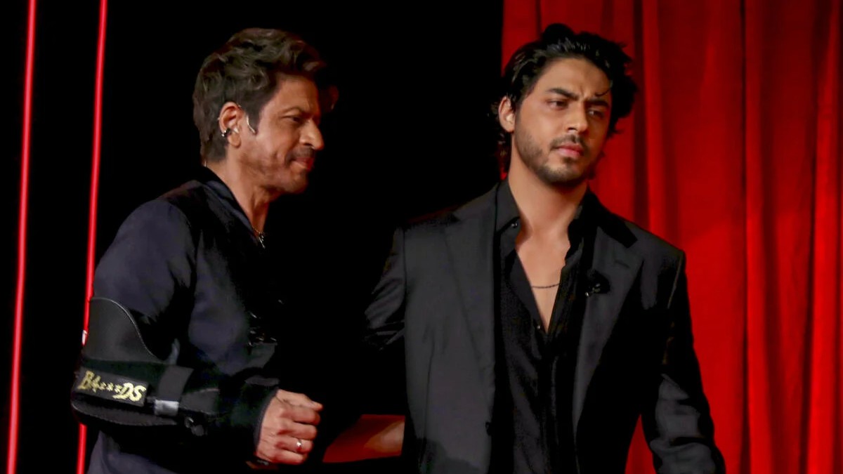 Bollywood actor Shah Rukh Khan with son Aryan Khan during the preview launch of the latter's upcoming Netflix show 'The Ba***ds of Bollywood', in Mumbai.