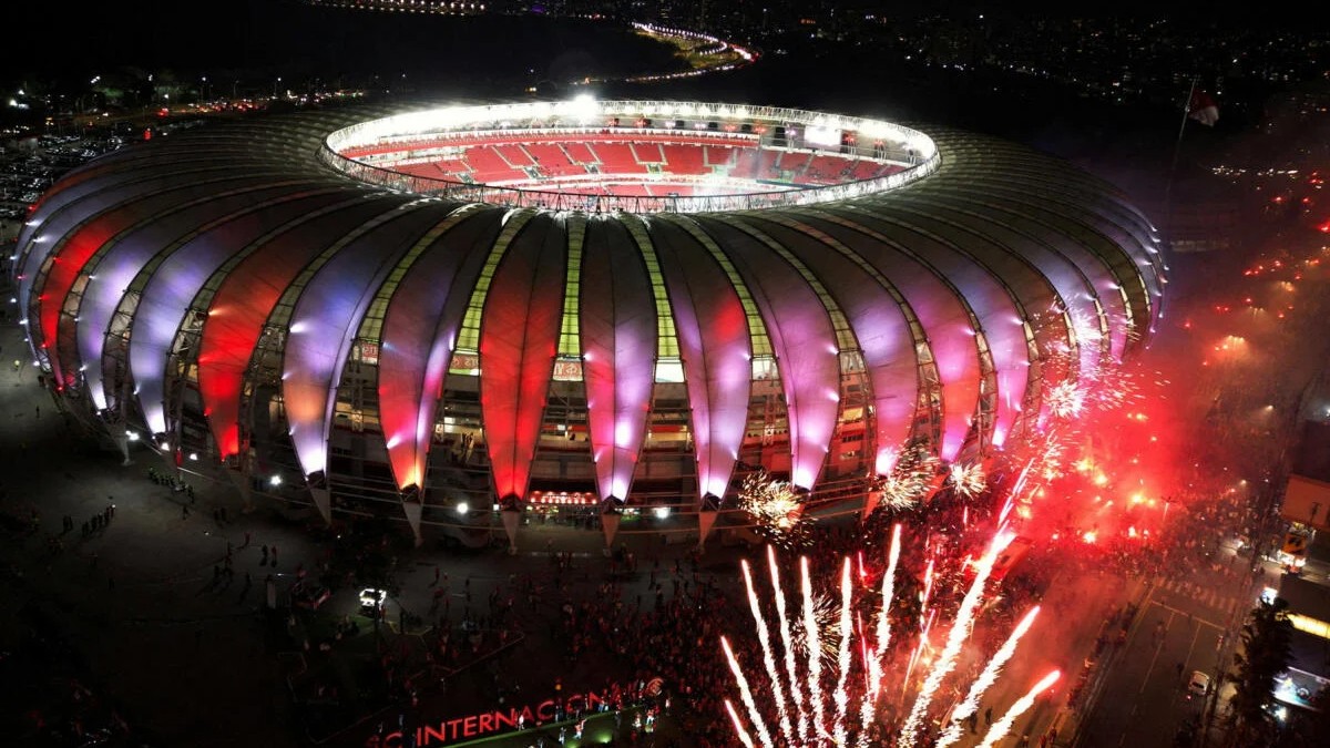 General aerial view of fireworks outside the stadium before the match.