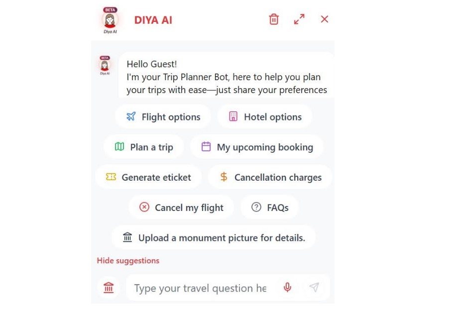 DIYA AI UI on Yatra app.
