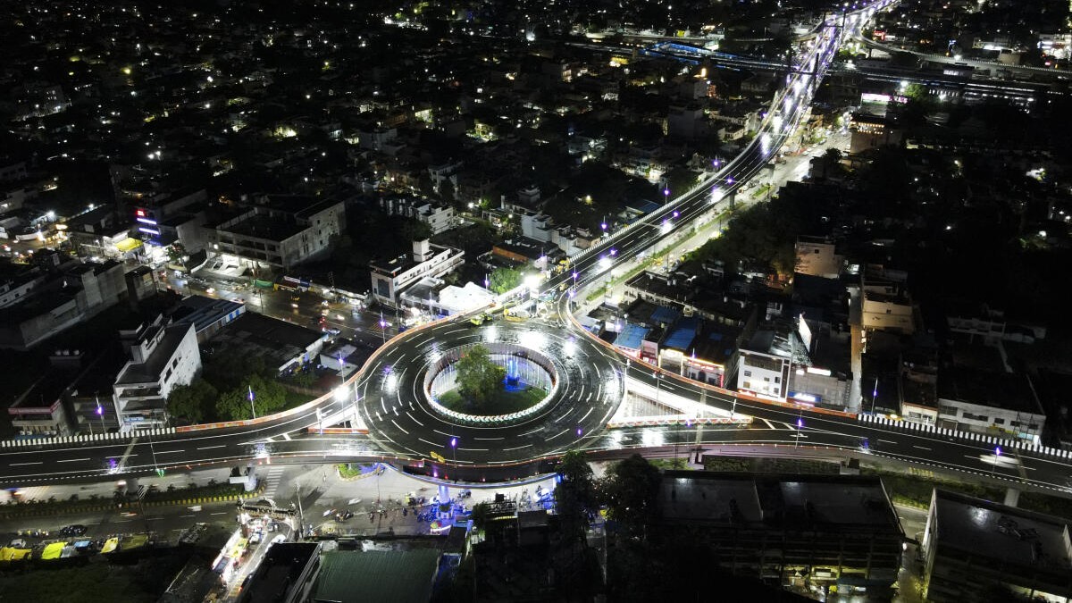 Madhya Pradesh’s newly-constructed largest flyover illuminated ahead of its scheduled inauguration by Union Minister for Road Transport and Highways Nitin Gadkari and Chief Minister Mohan Yadav, in Jabalpur, MP.