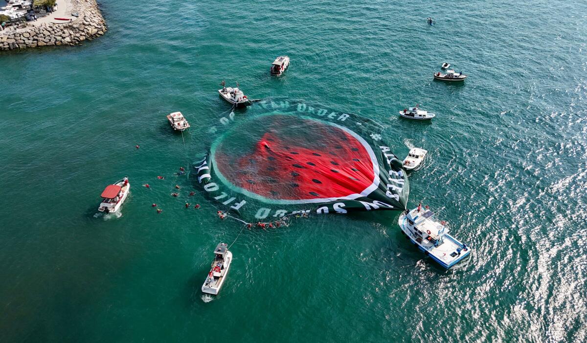 A drone view shows pro-Palestinian demonstrators on boats unfurling a banner on the water during a protest in solidarity with Palestinians in Gaza and to protest against Israel, in Istanbul, Turkey, August 23, 2025.