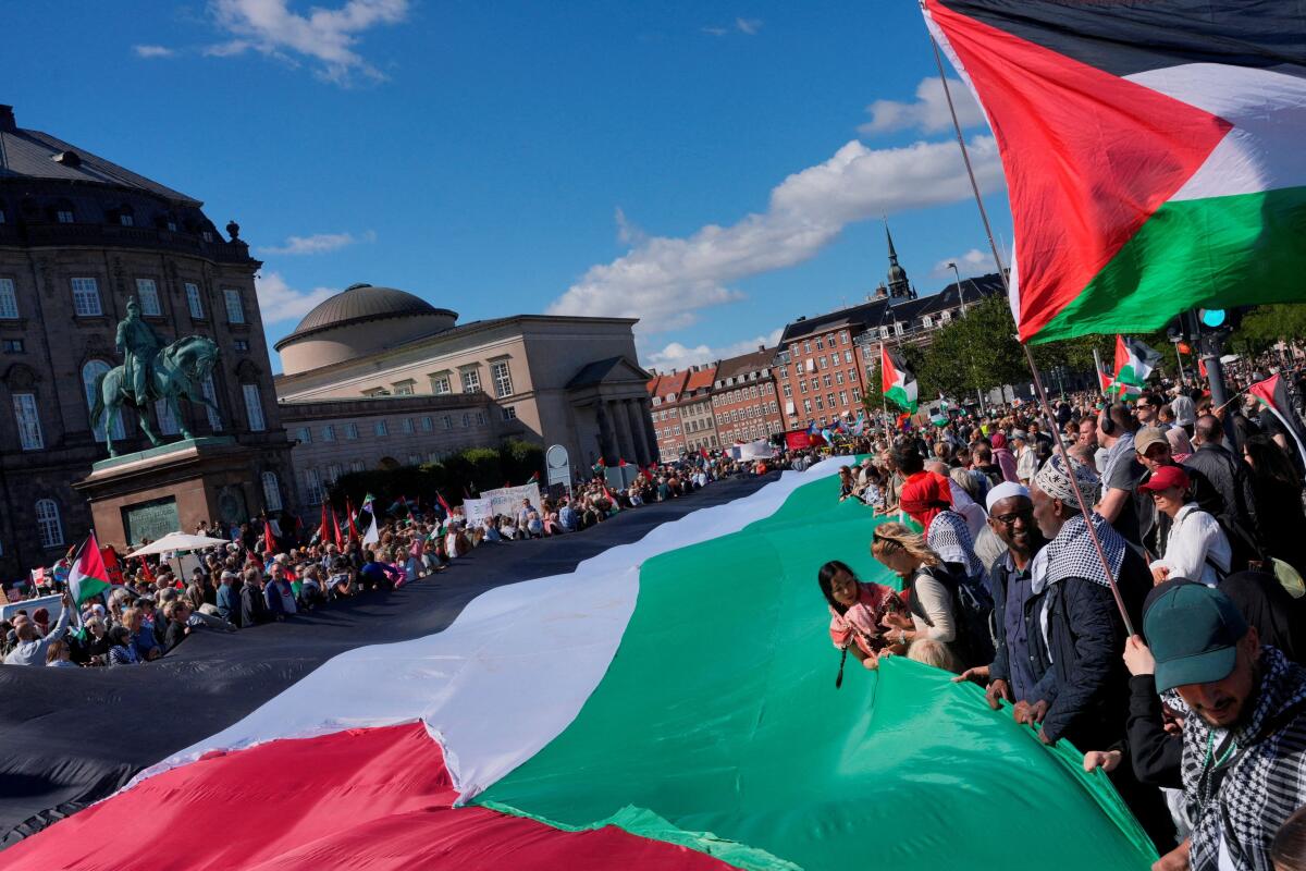 People participate in a demonstration called, "All of Denmark on the streets for a free Palestine", in support of Palestinians in Gaza, in the streets of Copenhagen, Denmark August 24, 2025.