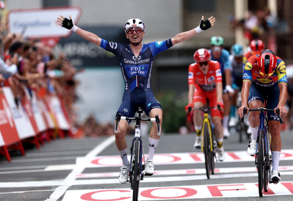 FDJ's David Gaudu celebrates winning stage 3